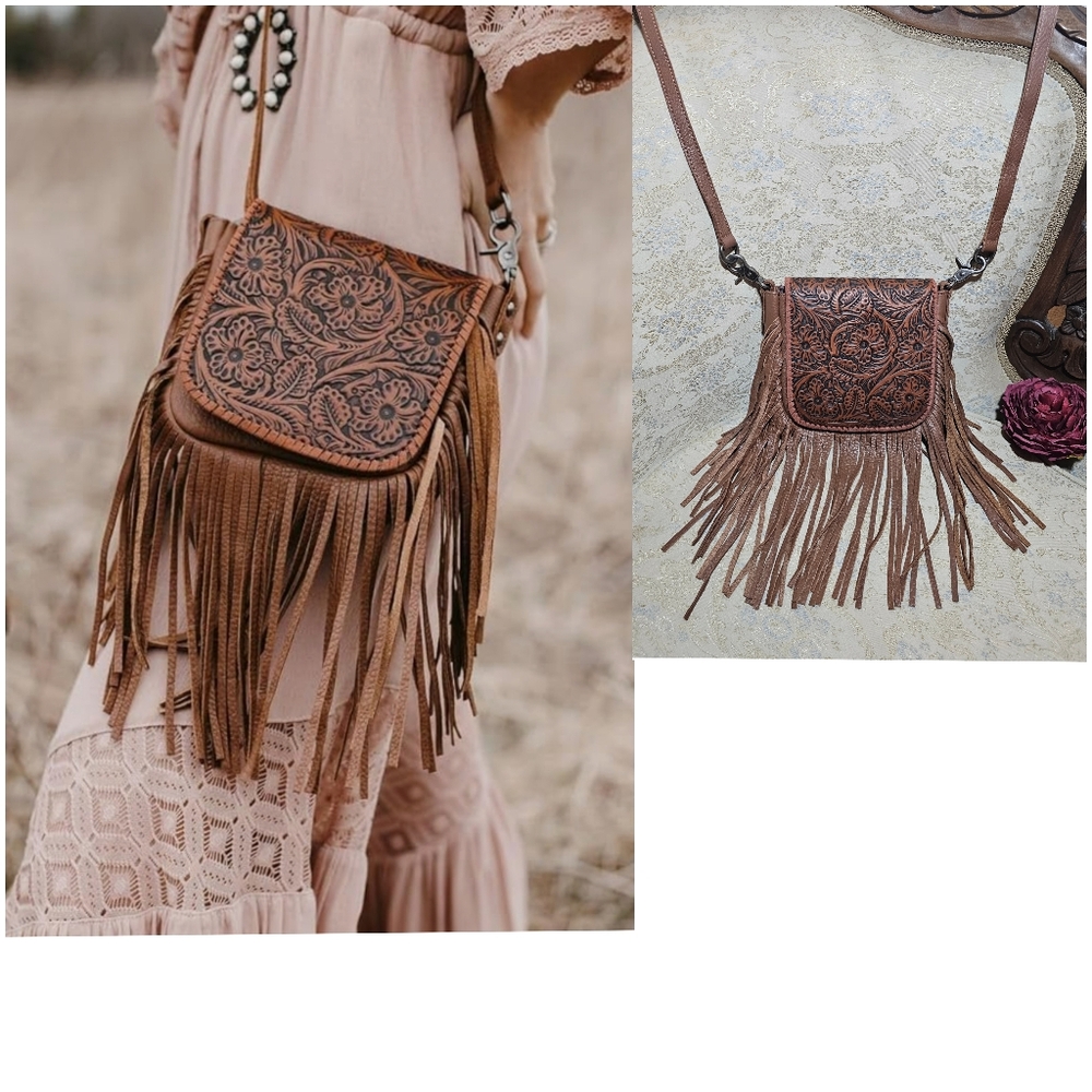 Montana West Brown Floral Crossbody Bag with Fringe